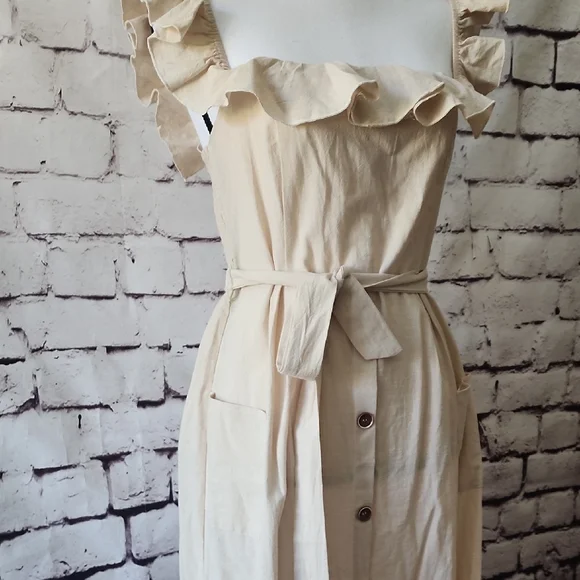 CupShe Beige Smocked Ruffle Midi Dress - Sz S belted dress - EUC! - Picture 5 of 13